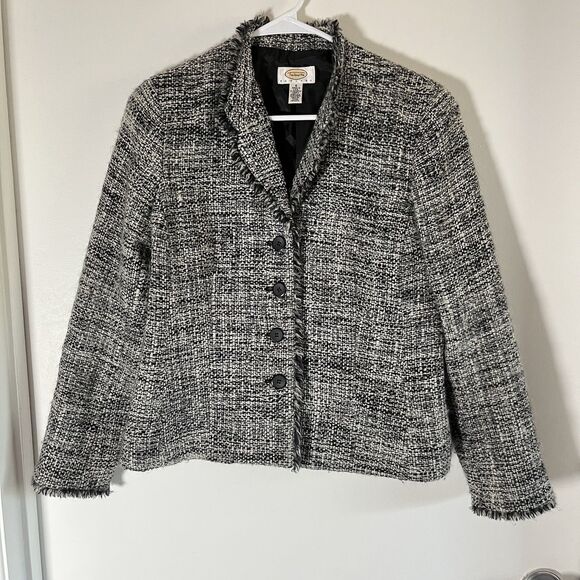 Talbots Wool Boucle Tweed Blazer Jacket Black/White/Gray Women 6 W/Fringe - Picture 2 of 8